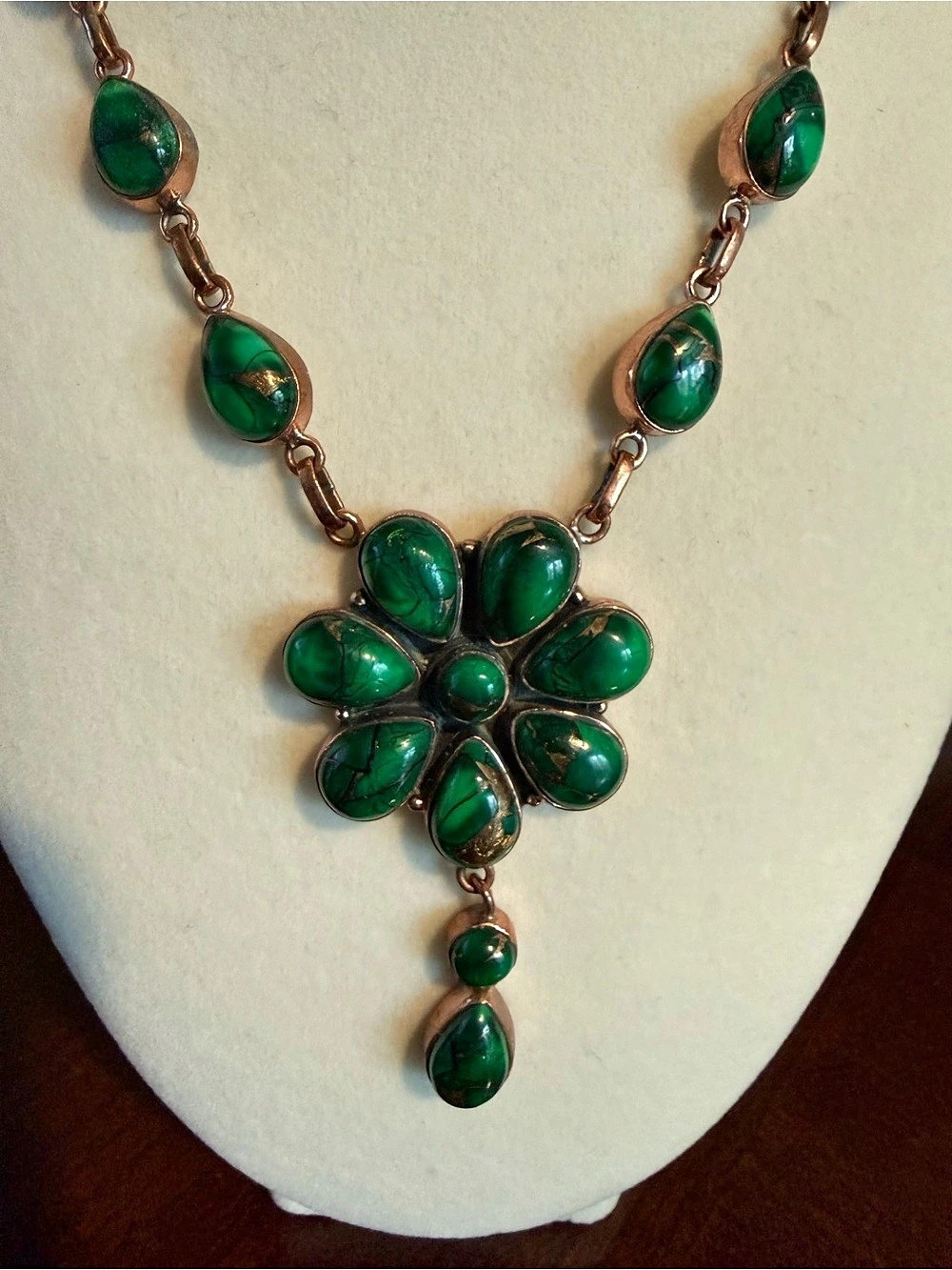 Copper Irish Dahlia Green Turquoise Floral Statement Necklace 18โ NWOT